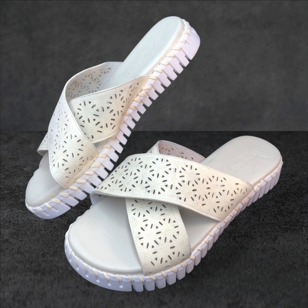 Ilse Jacobsen White Laser-Cut Crossover Slide Sandals